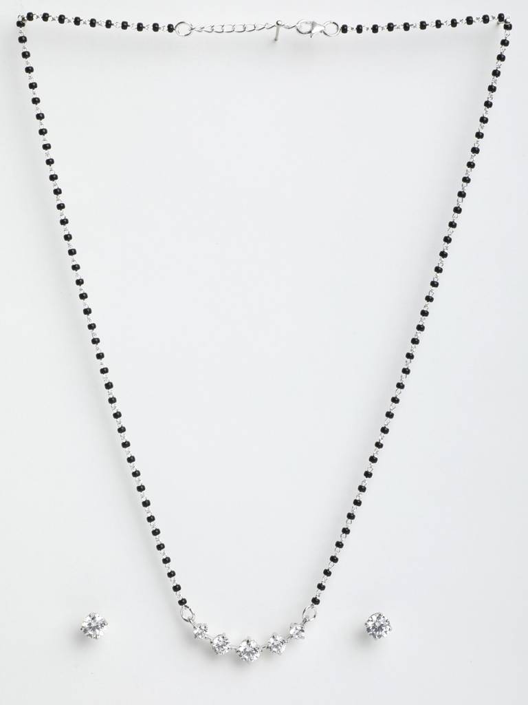 925 Sterling Silver 5 Stone Mangalsutra Tanmaniya Pendant Earring Jewellery Set With Chain Gift For Women And G : CSWZMP51ME51