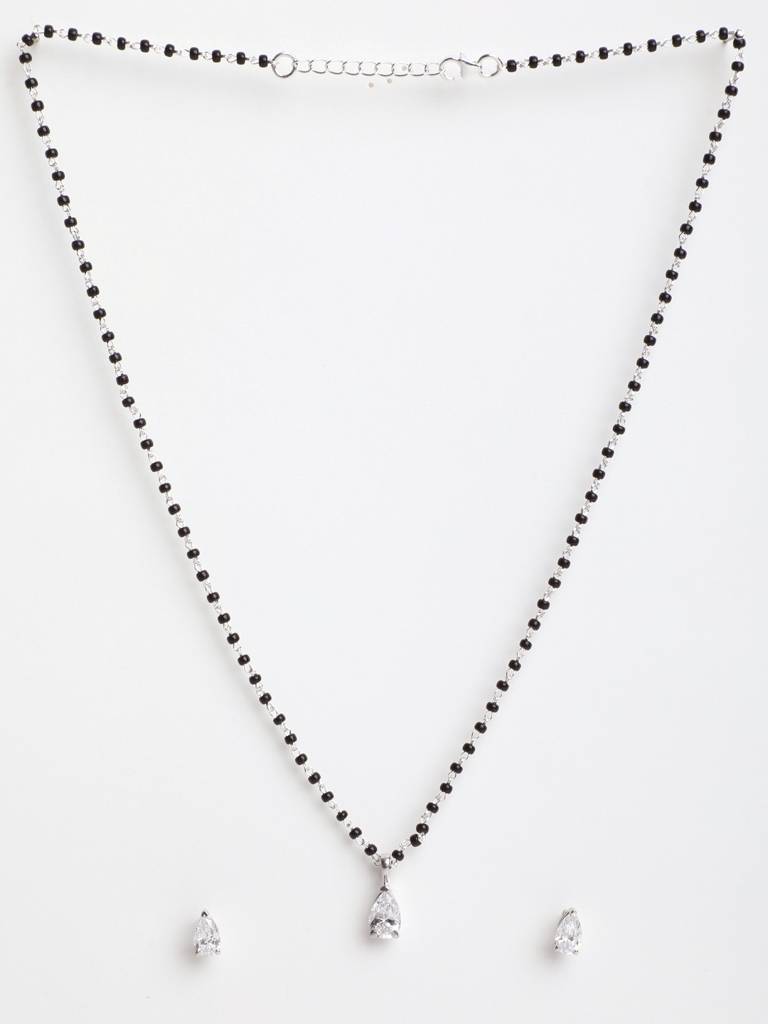 925 Sterling Silver Pear Mangalsutra Tanmaniya Pendant Earring Jewellery Set With Chain Gift For Women And Girls : CSWZMP79ME79