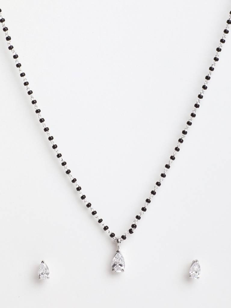 925 Sterling Silver Pear Mangalsutra Tanmaniya Pendant Earring Jewellery Set With Chain Gift For Women And Girls : CSWZMP79ME79