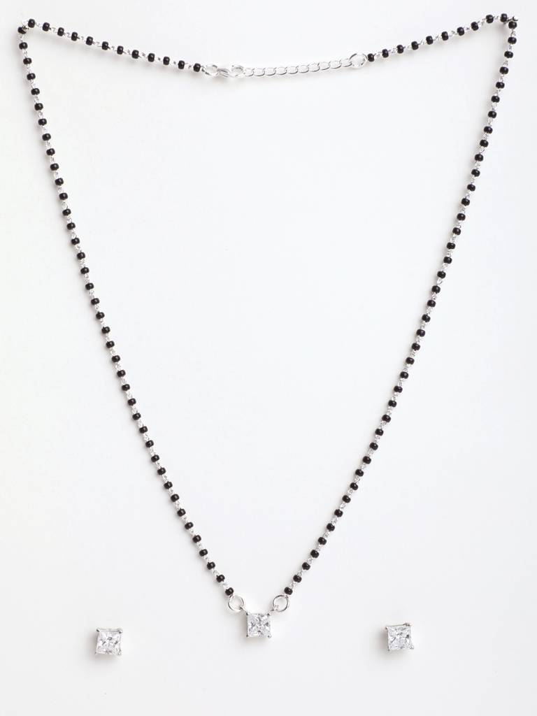 925 Sterling Silver Square Mangalsutra Tanmaniya Pendant Earring Jewellery Set With Chain Gift For Women And Gi : CSWZMP78ME78