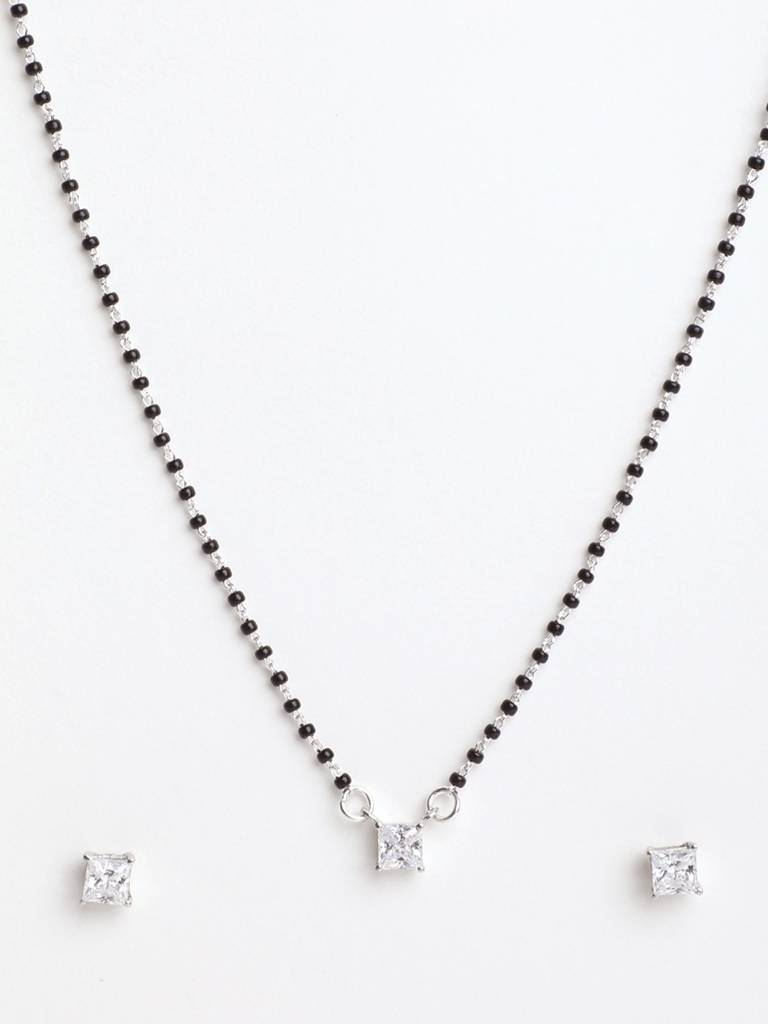 925 Sterling Silver Square Mangalsutra Tanmaniya Pendant Earring Jewellery Set With Chain Gift For Women And Gi : CSWZMP78ME78