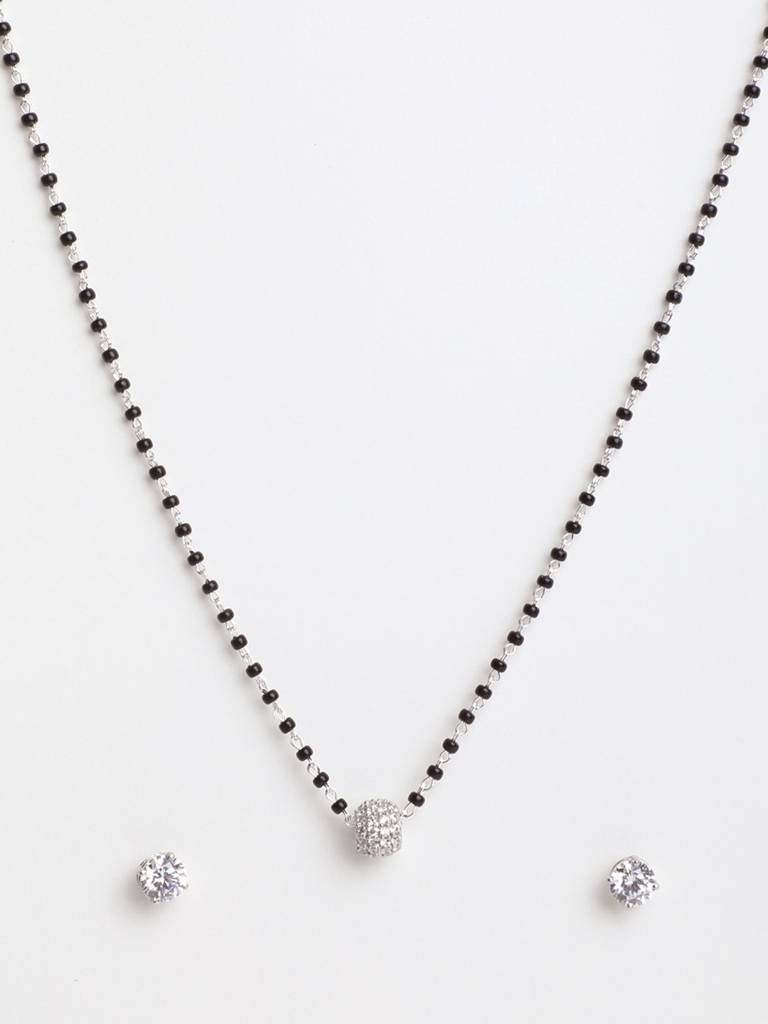 925 Sterling Silver Ball Mangalsutra Tanmaniya Pendant Earring Jewellery Set With Chain Gift For Women And Girls : CSWZMP55ME51