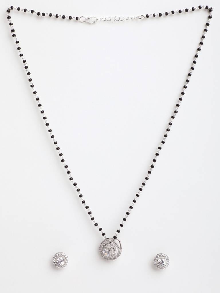 925 Sterling Silver Halo Mangalsutra Tanmaniya Pendant Earring Jewellery Set With Chain Gift For Women And Girls : CSWZMP61ME61