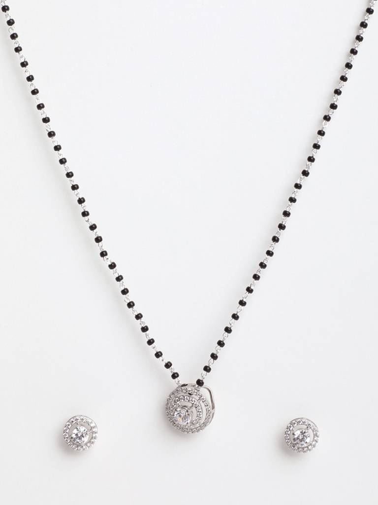 925 Sterling Silver Halo Mangalsutra Tanmaniya Pendant Earring Jewellery Set With Chain Gift For Women And Girls : CSWZMP61ME61