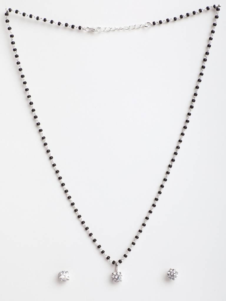 925 Sterling Silver Round Mangalsutra Tanmaniya Pendant Earring Jewellery Set With Chain Gift For Women And Girls : CSWZMP80ME51