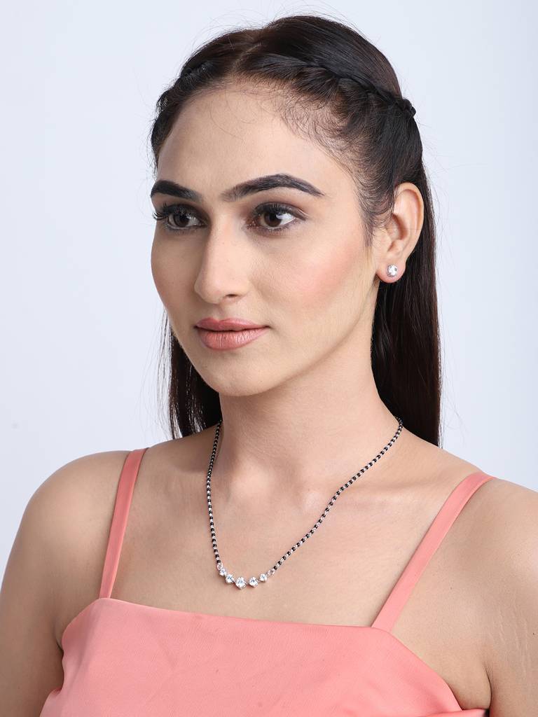 925 Sterling Silver 5 Stone Mangalsutra Tanmaniya Pendant Earring Jewellery Set With Chain Gift For Women And G : CSWZMP51ME51