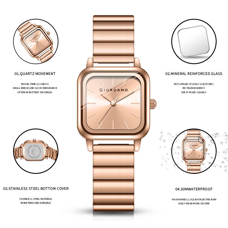 Giordano Classic Square Watch For Women Â Polished Stainless Steel Strap, Minimalist Compact Design-Gz-60098 : GZ-60098-77