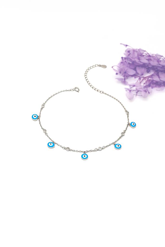 925 Sterling Silver Blue Evil Eye Anklet : A78