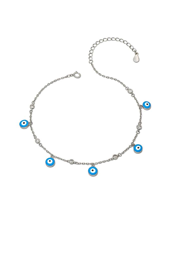 925 Sterling Silver Blue Evil Eye Anklet : A78