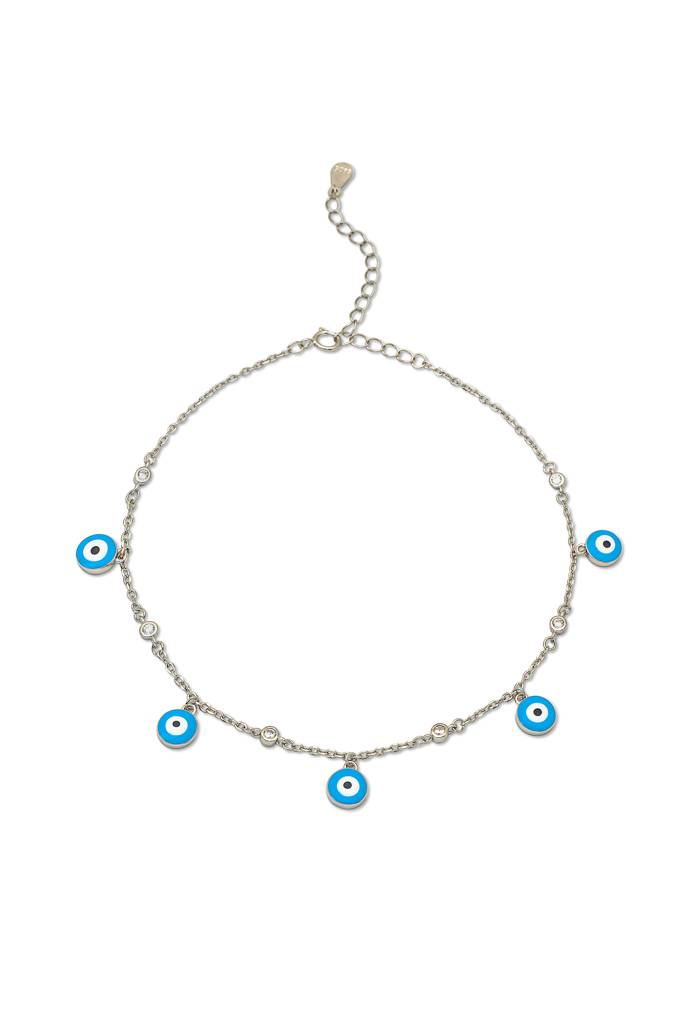 925 Sterling Silver Blue Evil Eye Anklet : A78