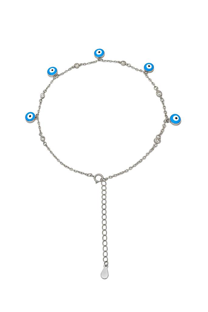 925 Sterling Silver Blue Evil Eye Anklet : A78