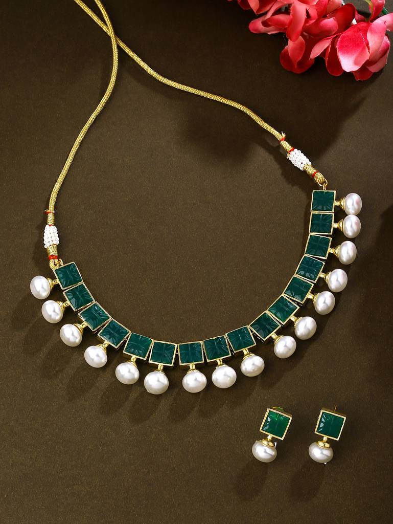 Gold Plated Green Carved Stone Studded Jewellery Set : ABDJS09