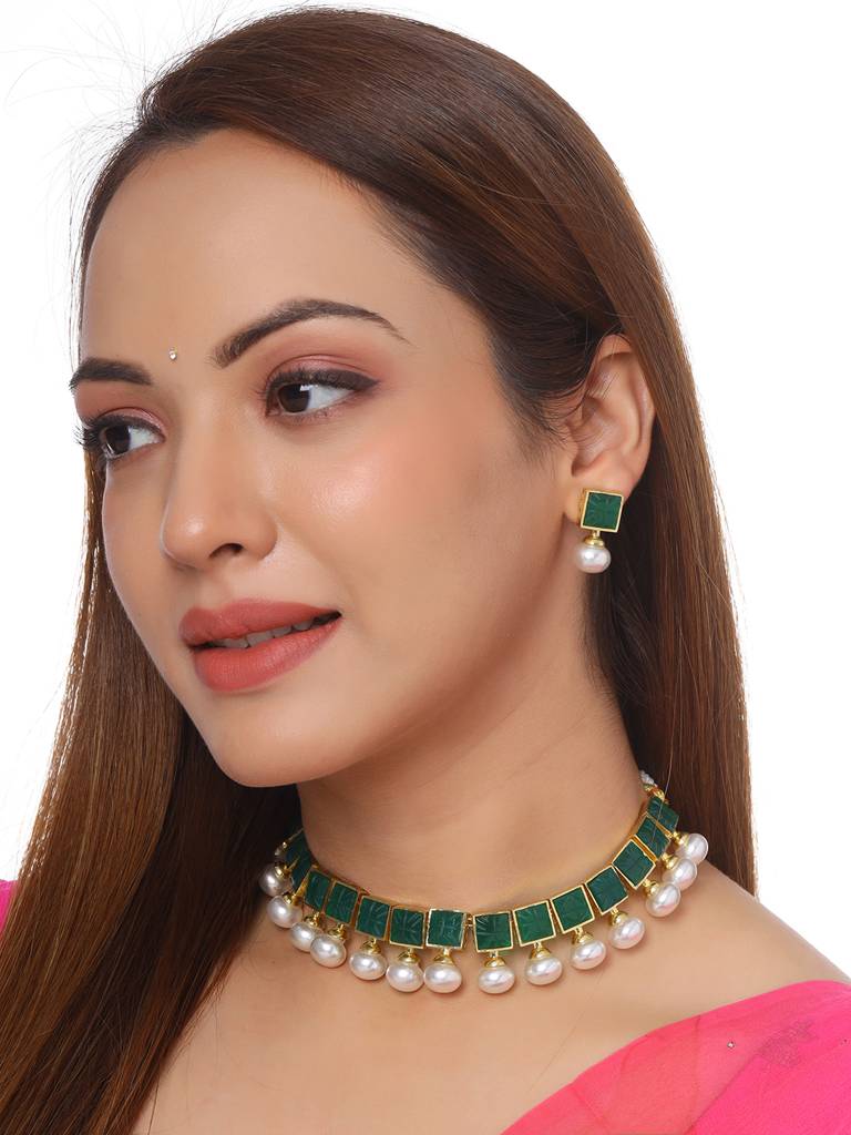 Gold Plated Green Carved Stone Studded Jewellery Set : ABDJS09