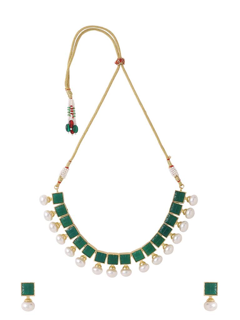 Gold Plated Green Carved Stone Studded Jewellery Set : ABDJS09