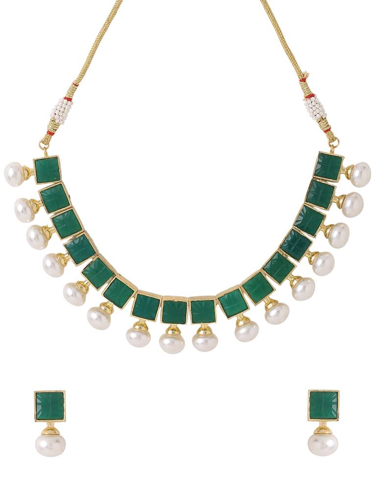 Gold Plated Green Carved Stone Studded Jewellery Set : ABDJS09