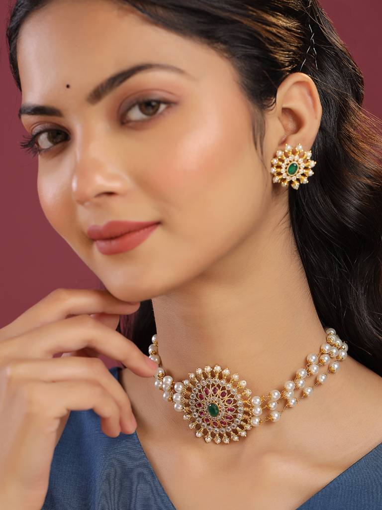Gold Plated Multi Color Handcrafted Jadau Choker Set : ABDJS12