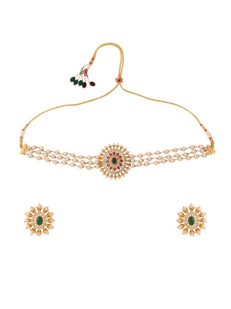 Gold Plated Multi Color Handcrafted Jadau Choker Set : ABDJS12