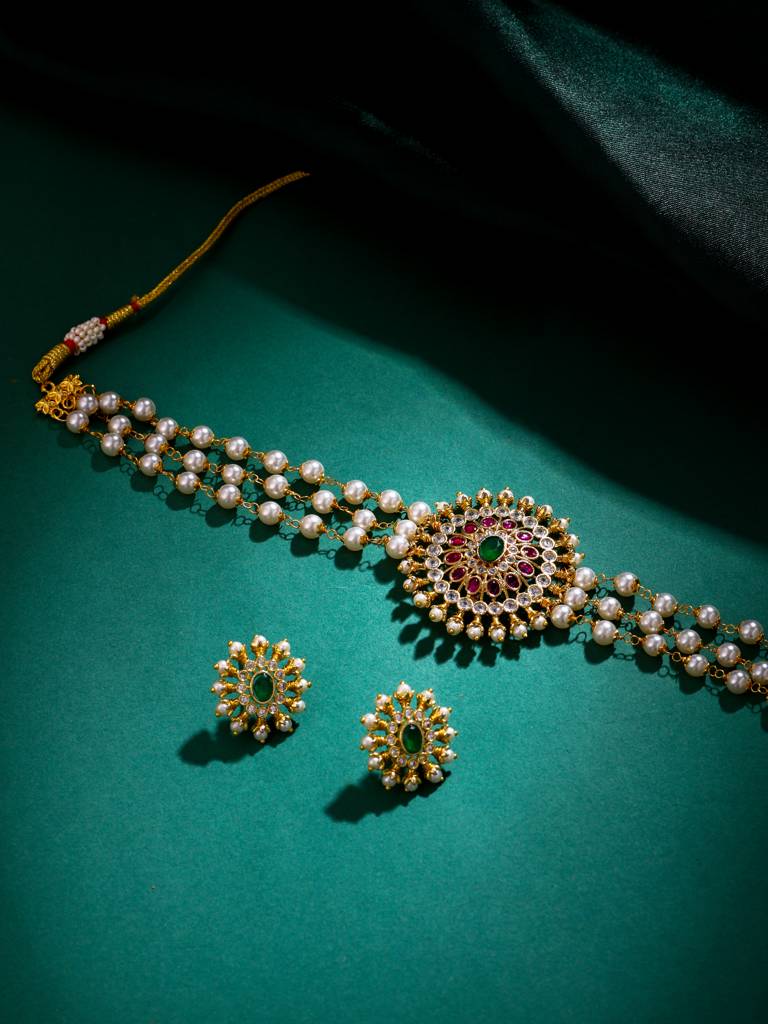 Gold Plated Multi Color Handcrafted Jadau Choker Set : ABDJS12