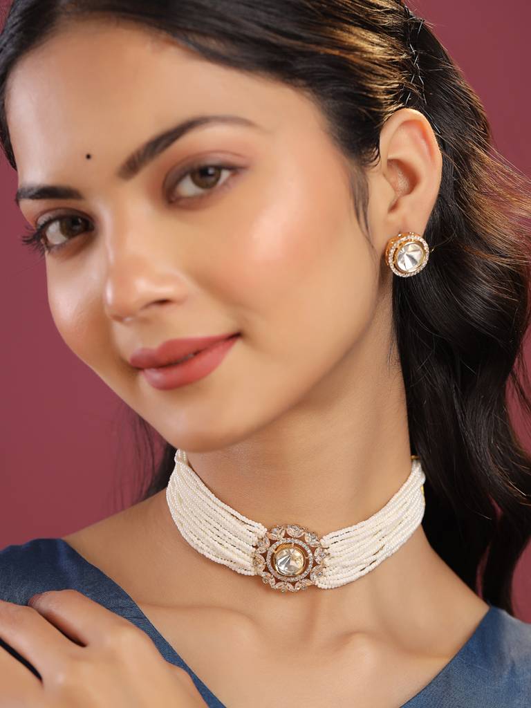 Gold Plated Pearl Beaded & Kundan Studded Choker Set : ABDJS14