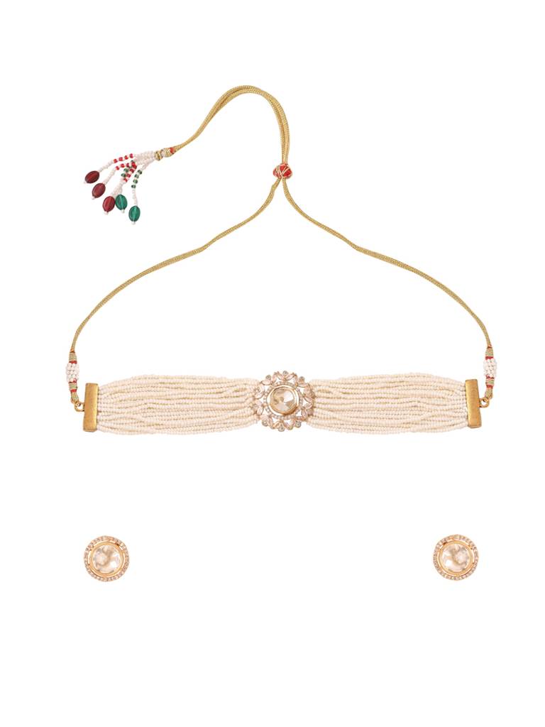 Gold Plated Pearl Beaded & Kundan Studded Choker Set : ABDJS14