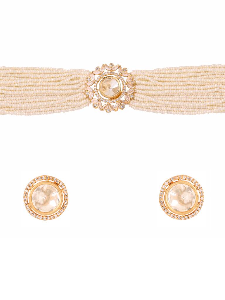 Gold Plated Pearl Beaded & Kundan Studded Choker Set : ABDJS14
