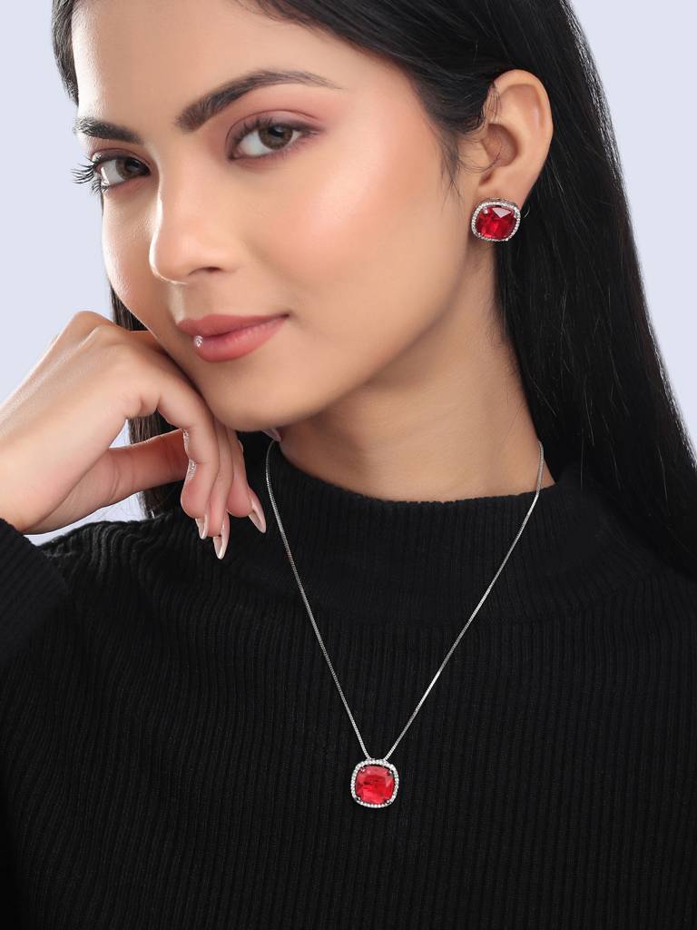 Silver Plated Red Pendant Set : ABDPS01