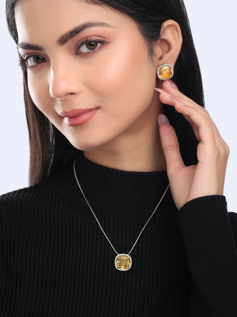 Silver Plated Yellow Pendant Set : ABDPS02