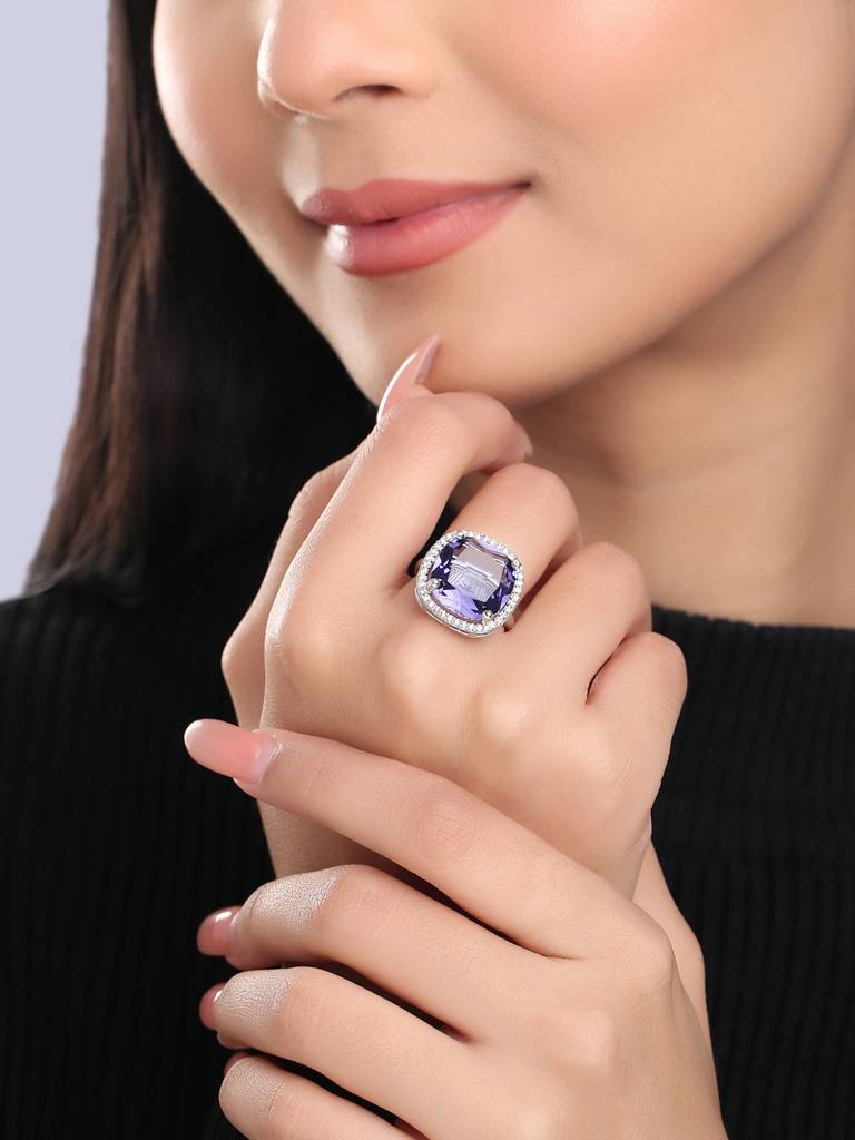 Silver Plated Purple Ad Studded Adjustable Ring : ABDR01