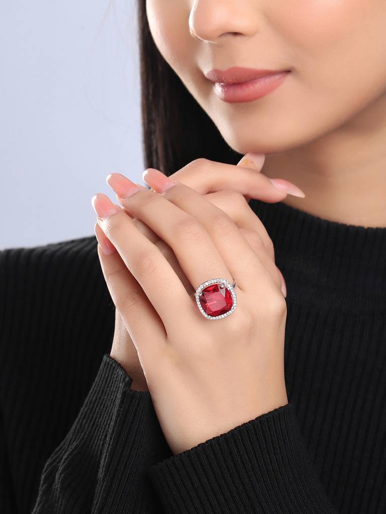 Silver Plated Red Ad Studded Adjustable Ring : ABDR02