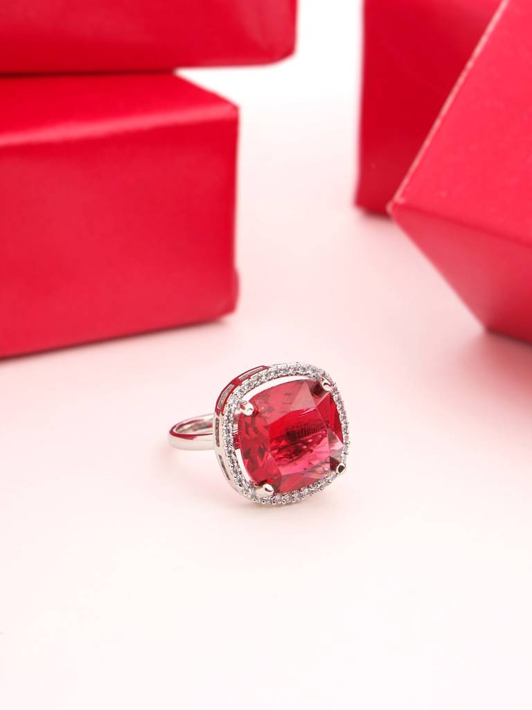 Silver Plated Red Ad Studded Adjustable Ring : ABDR02