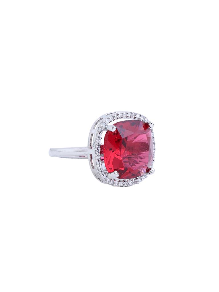 Silver Plated Red Ad Studded Adjustable Ring : ABDR02