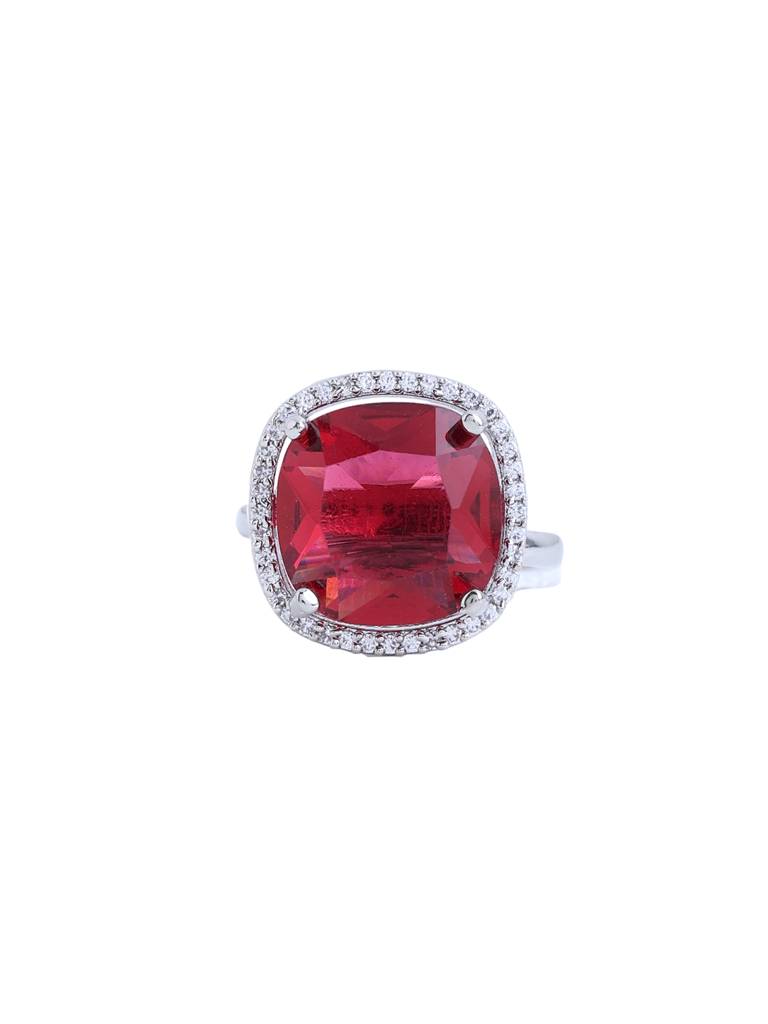 Silver Plated Red Ad Studded Adjustable Ring : ABDR02