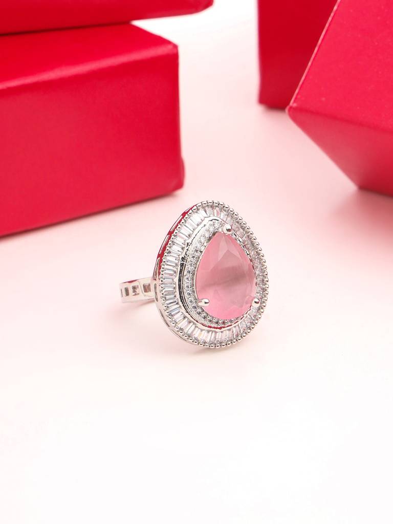Silver Plated Pink Ad Studded Adjustable Ring : ABDR04