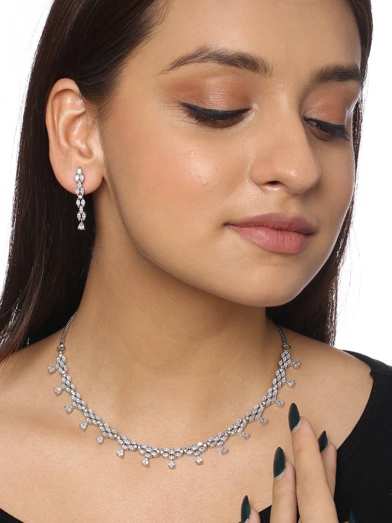 Silver Plated American Diamond Studded Handcrafted Jewellery Set : ABDWJS01