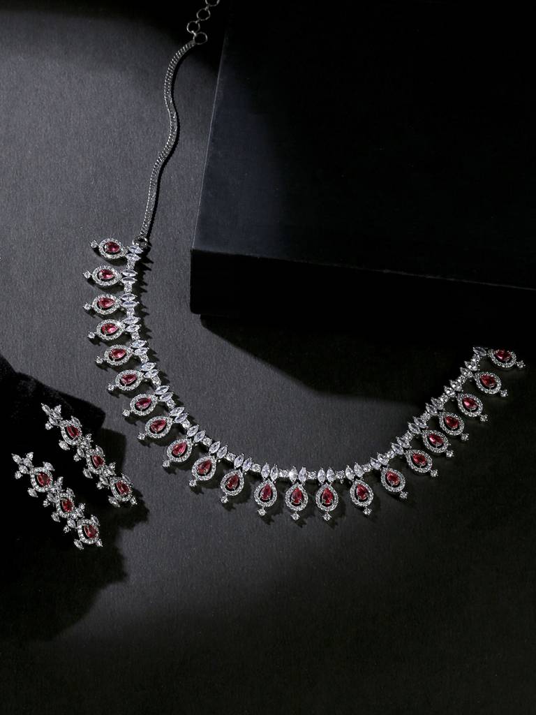 Silver Plated Ad & Red Stone Studded Sleek Jewellery Set : ABDWJS02
