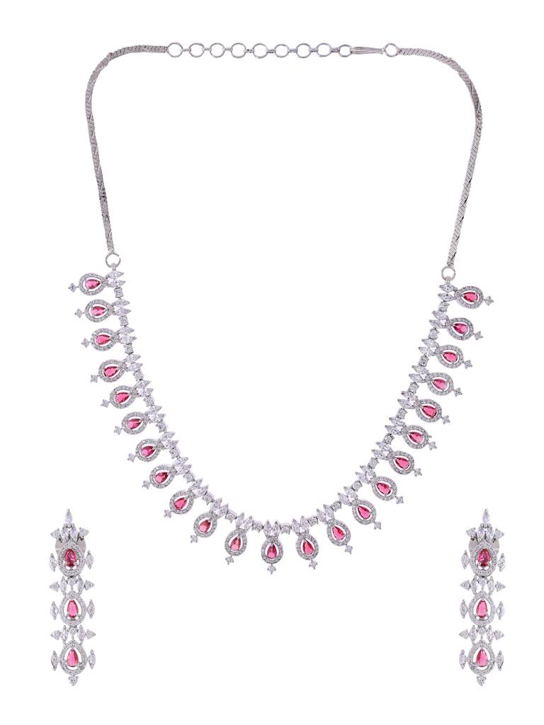 Silver Plated Ad & Red Stone Studded Sleek Jewellery Set : ABDWJS02