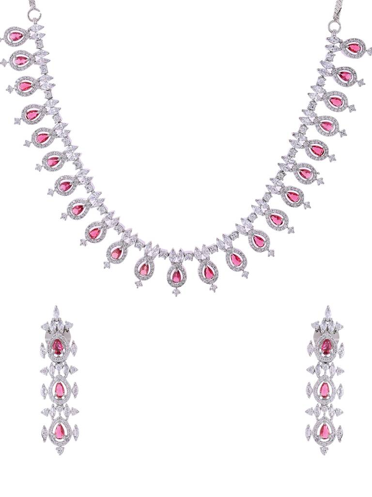 Silver Plated Ad & Red Stone Studded Sleek Jewellery Set : ABDWJS02