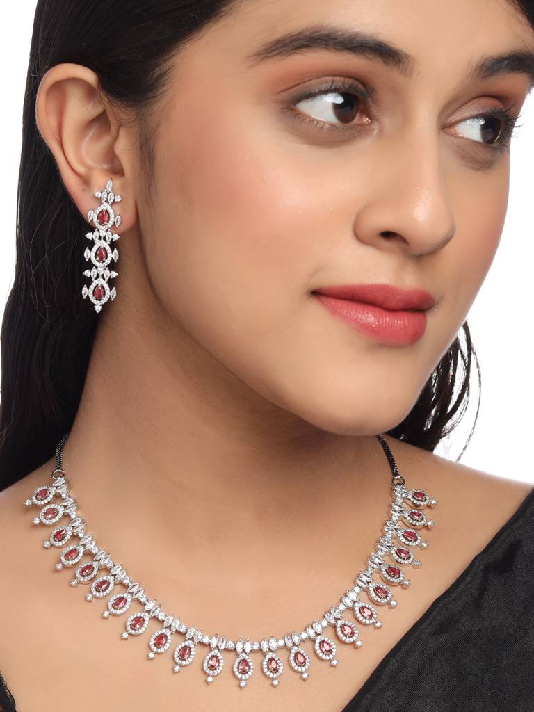 Silver Plated Ad & Red Stone Studded Sleek Jewellery Set : ABDWJS02