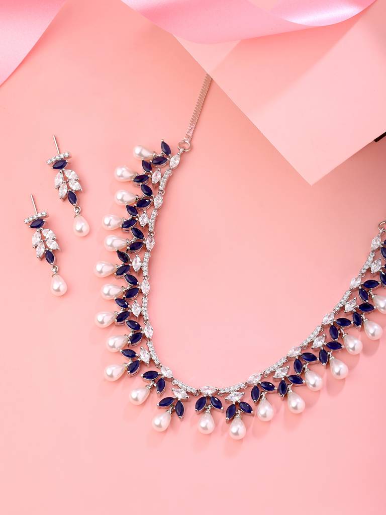 Blue Silver Plated Ad Studded Contemporary Jewellery Set With Pearl Drops : ABDWJS03