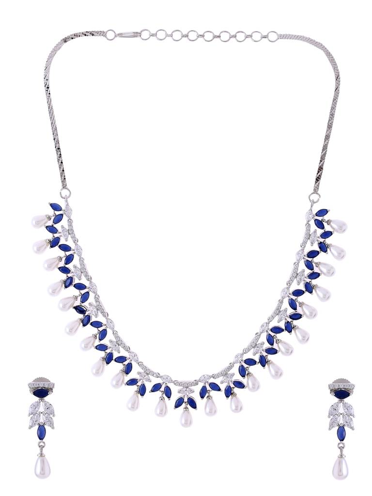 Blue Silver Plated Ad Studded Contemporary Jewellery Set With Pearl Drops : ABDWJS03