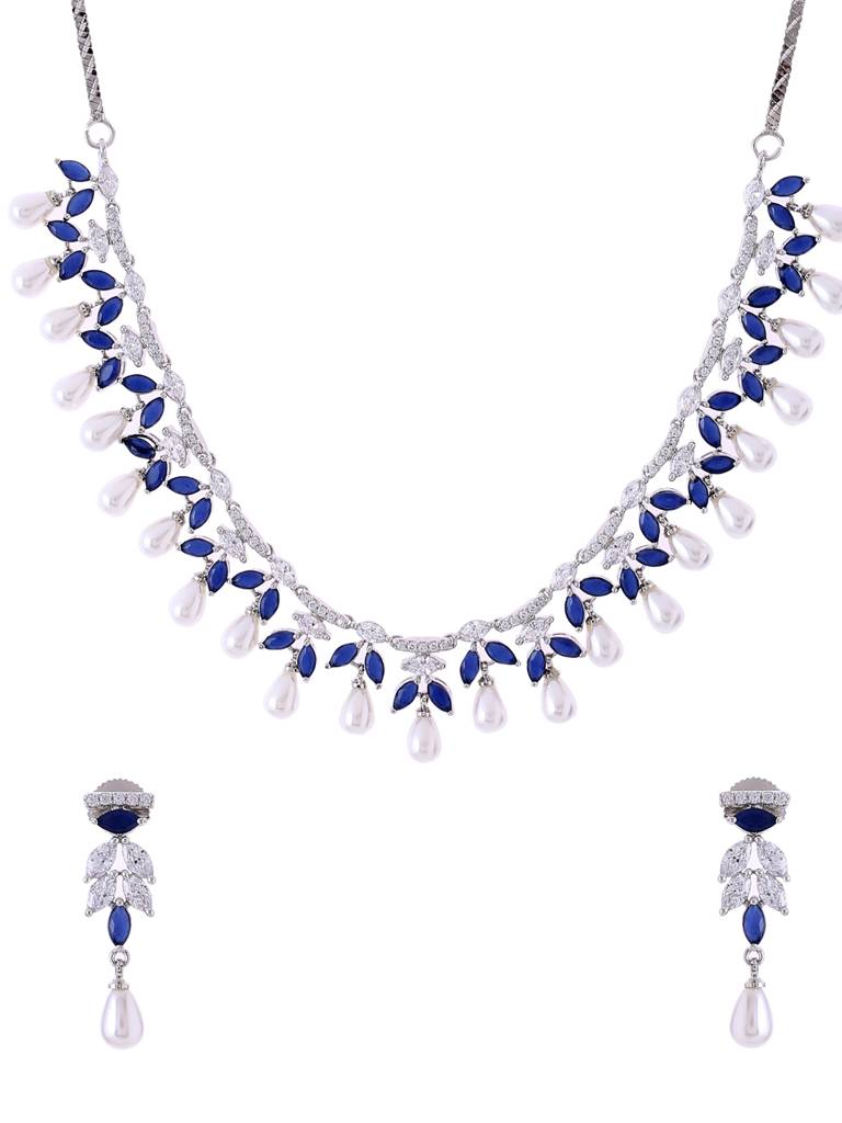Blue Silver Plated Ad Studded Contemporary Jewellery Set With Pearl Drops : ABDWJS03