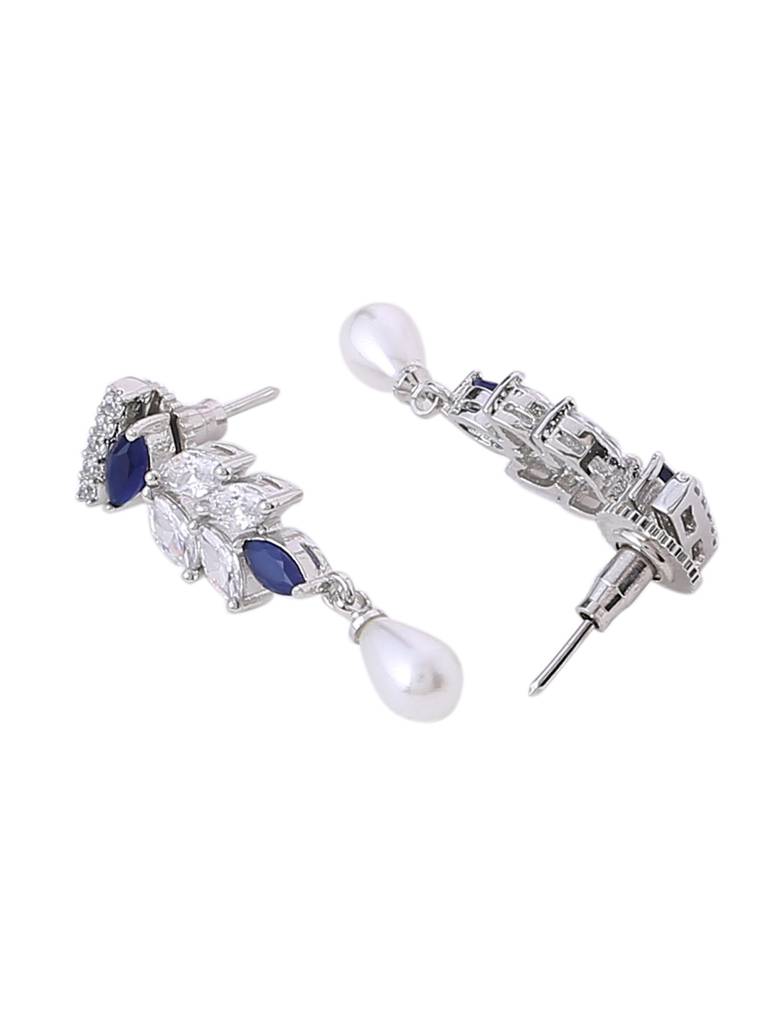 Blue Silver Plated Ad Studded Contemporary Jewellery Set With Pearl Drops : ABDWJS03