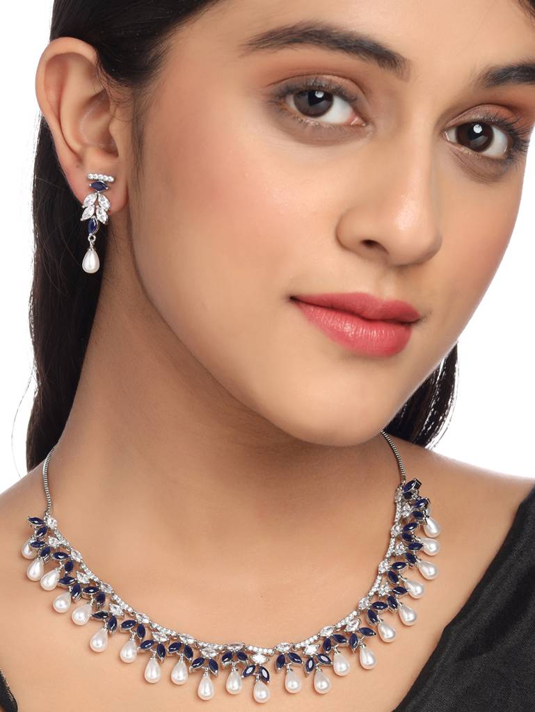 Blue Silver Plated Ad Studded Contemporary Jewellery Set With Pearl Drops : ABDWJS03