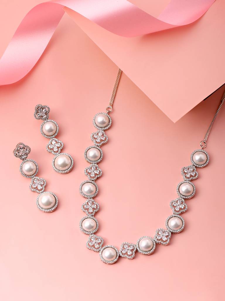 Silver Plated Ad & Pearl Studded Sleek Jewellery Set : ABDWJS04