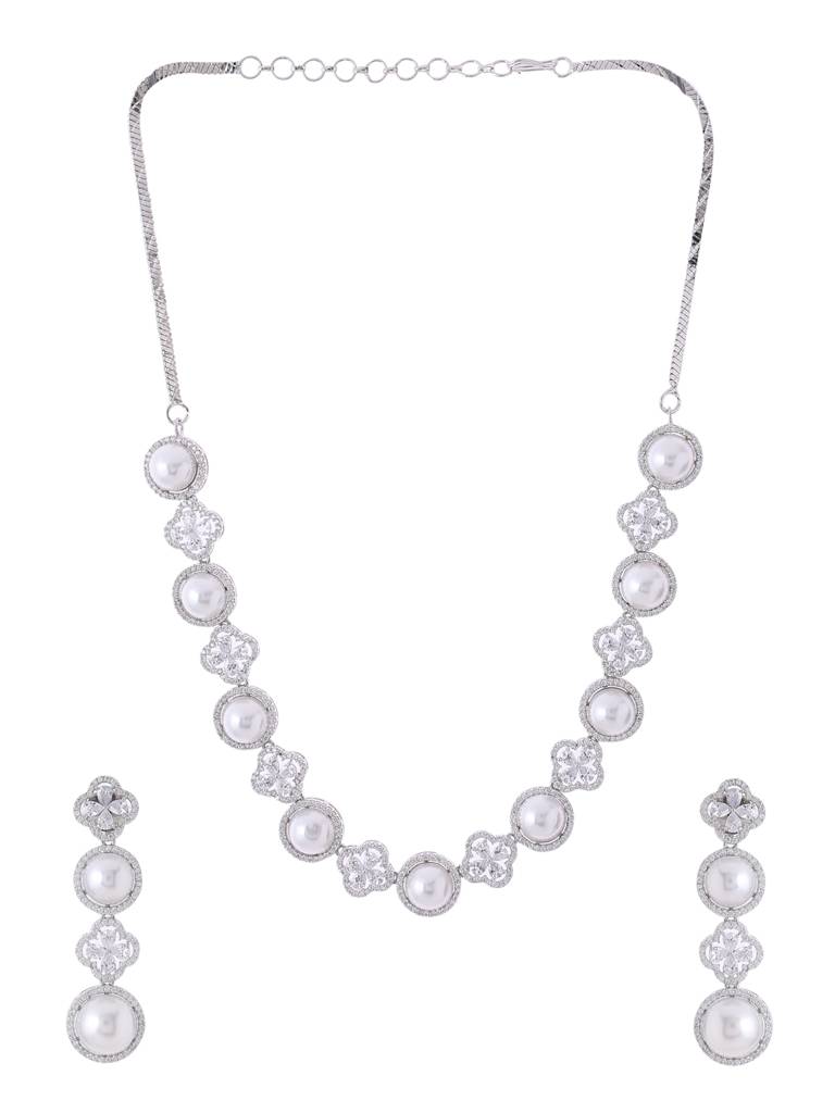 Silver Plated Ad & Pearl Studded Sleek Jewellery Set : ABDWJS04