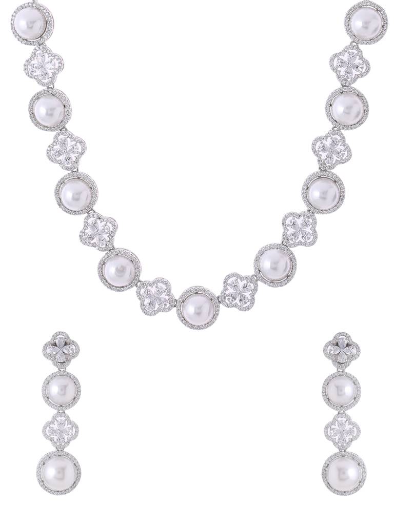 Silver Plated Ad & Pearl Studded Sleek Jewellery Set : ABDWJS04