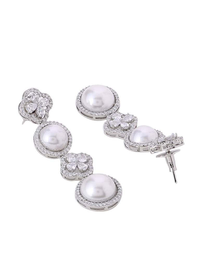 Silver Plated Ad & Pearl Studded Sleek Jewellery Set : ABDWJS04