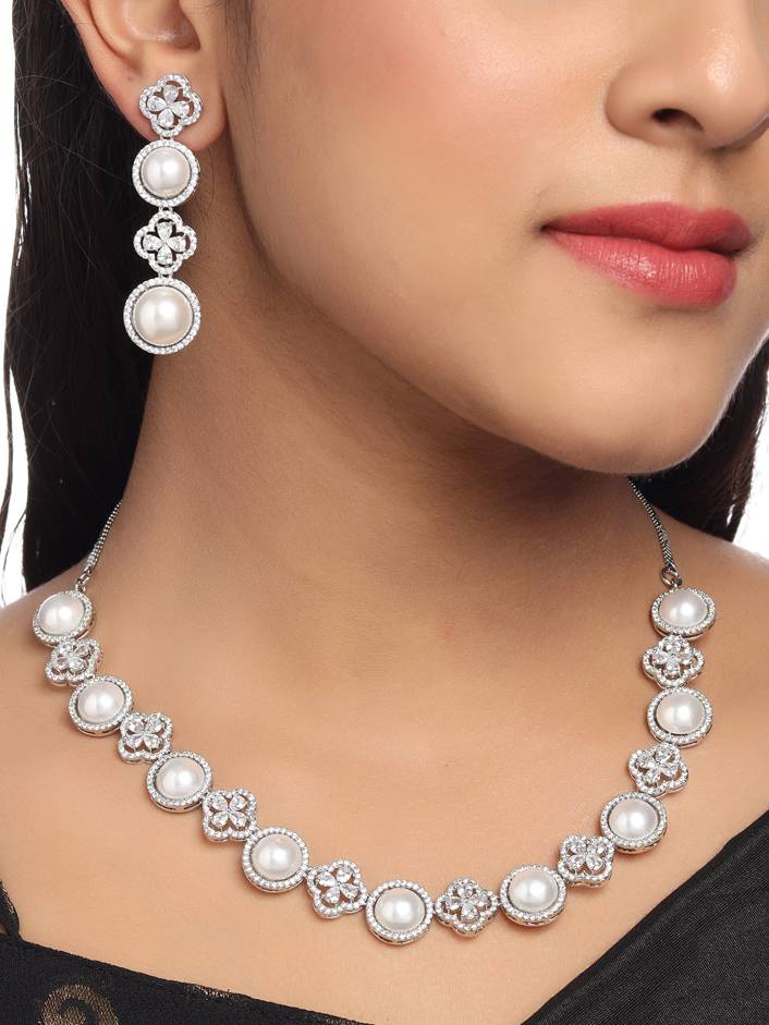 Silver Plated Ad & Pearl Studded Sleek Jewellery Set : ABDWJS04