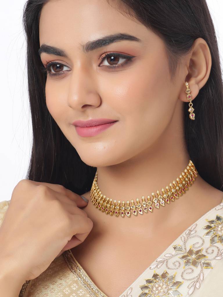 Gold Toned & Pink Handcrafted Jadau Jewellery Set : ABGDJS03