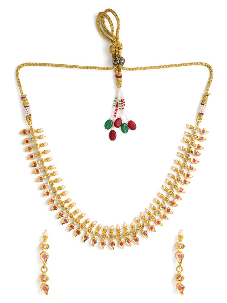 Gold Toned & Pink Handcrafted Jadau Jewellery Set : ABGDJS03